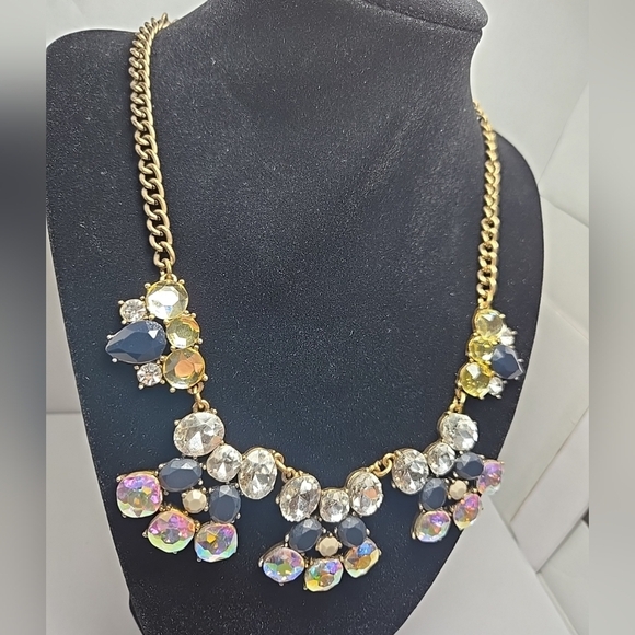 J CREW Faceted Crystals Gold Tone Statement Bib Chain Necklace Navy Adjustable - Picture 3 of 8